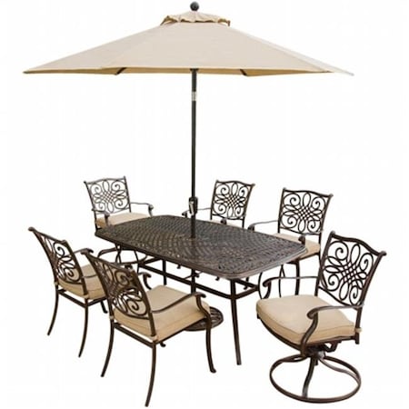 Hanover Hanover TRADITIONS7PCSW-SU Traditions Outdoor Patio Dining Set - 7 Pieces (4 Dining; 2 Swivel Chairs; 38" x 72" Aluminum Table) and Umbrella TRADITIONS7PCSW-SU